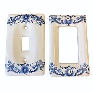 Vintage White w/ Blue Flowers Ceramic Porcelain Light Switch Plate Cover Amertac